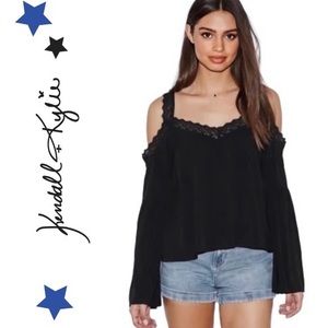 Kendall & Kylie Black Cold Shoulder Lace Trim Top